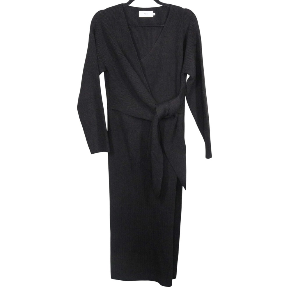 Azul By Moussy Sweater Dress Womens Size Medium Black Midi Front Wrap V Neck